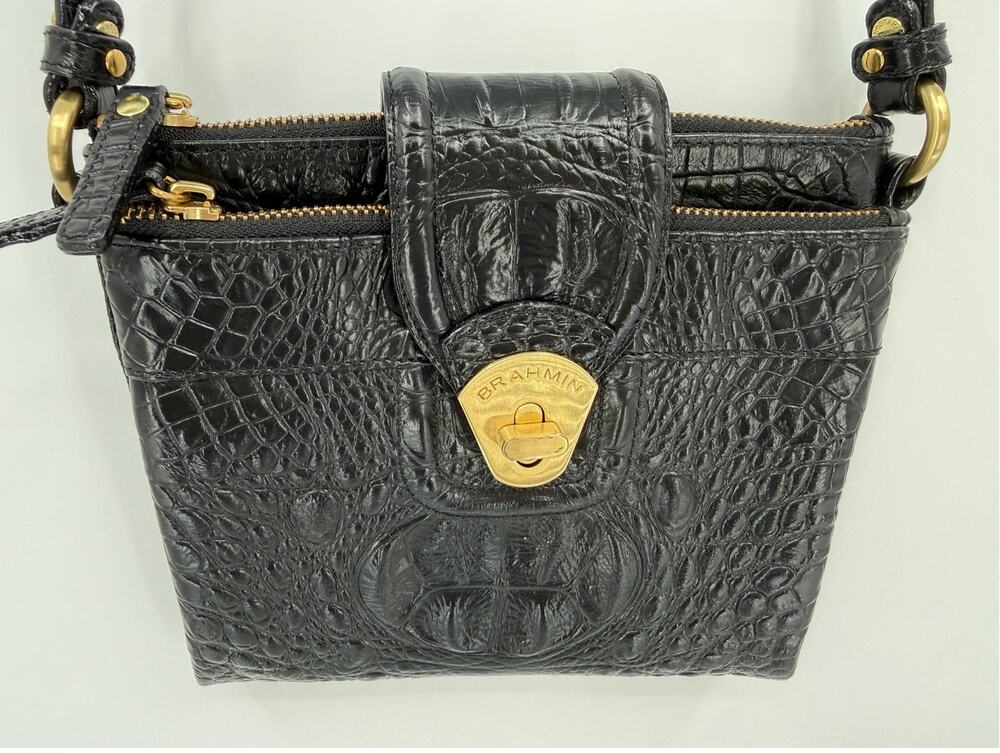 Brahmin Black Croc Embossed Leather Mini Crossbody Organizer Bag Gold Hardware